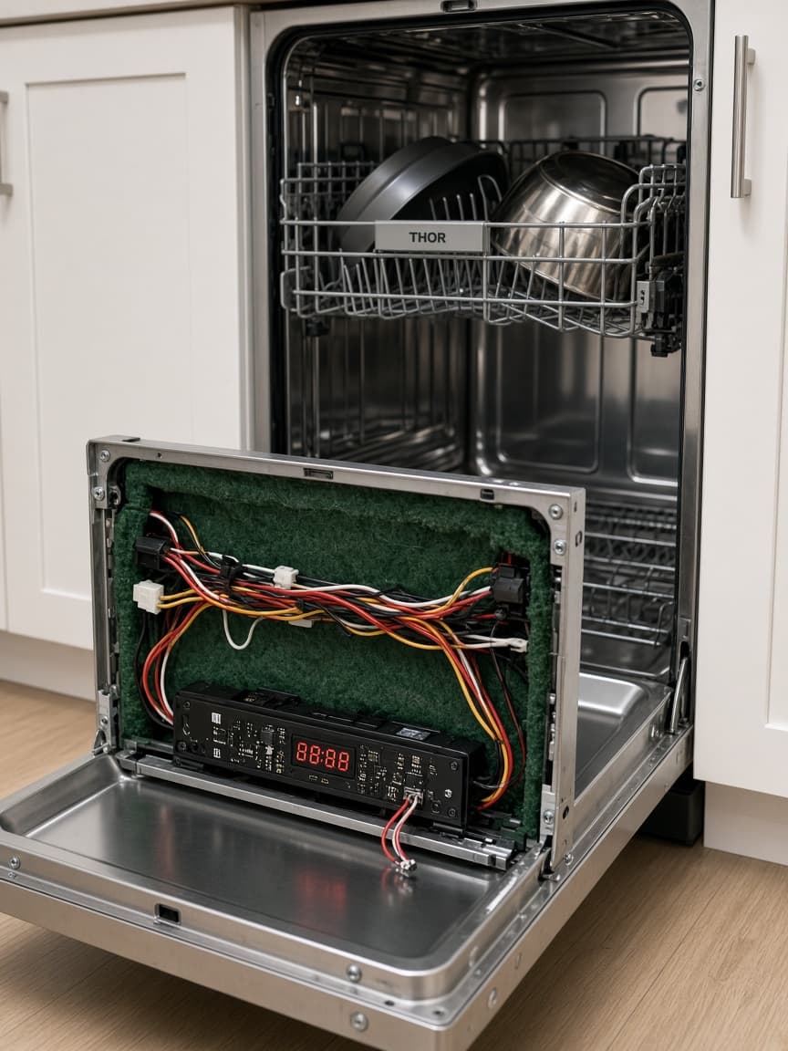 THOR dishwasher with the door panel off, showing wiring and the control board