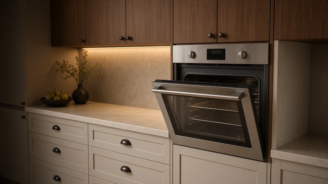 Built-in wall oven in a residential kitchen, door slightly open
