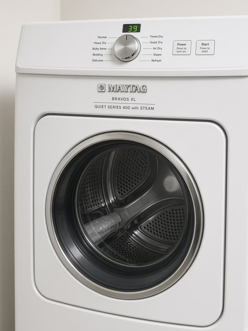 White Maytag dryer in a laundry room