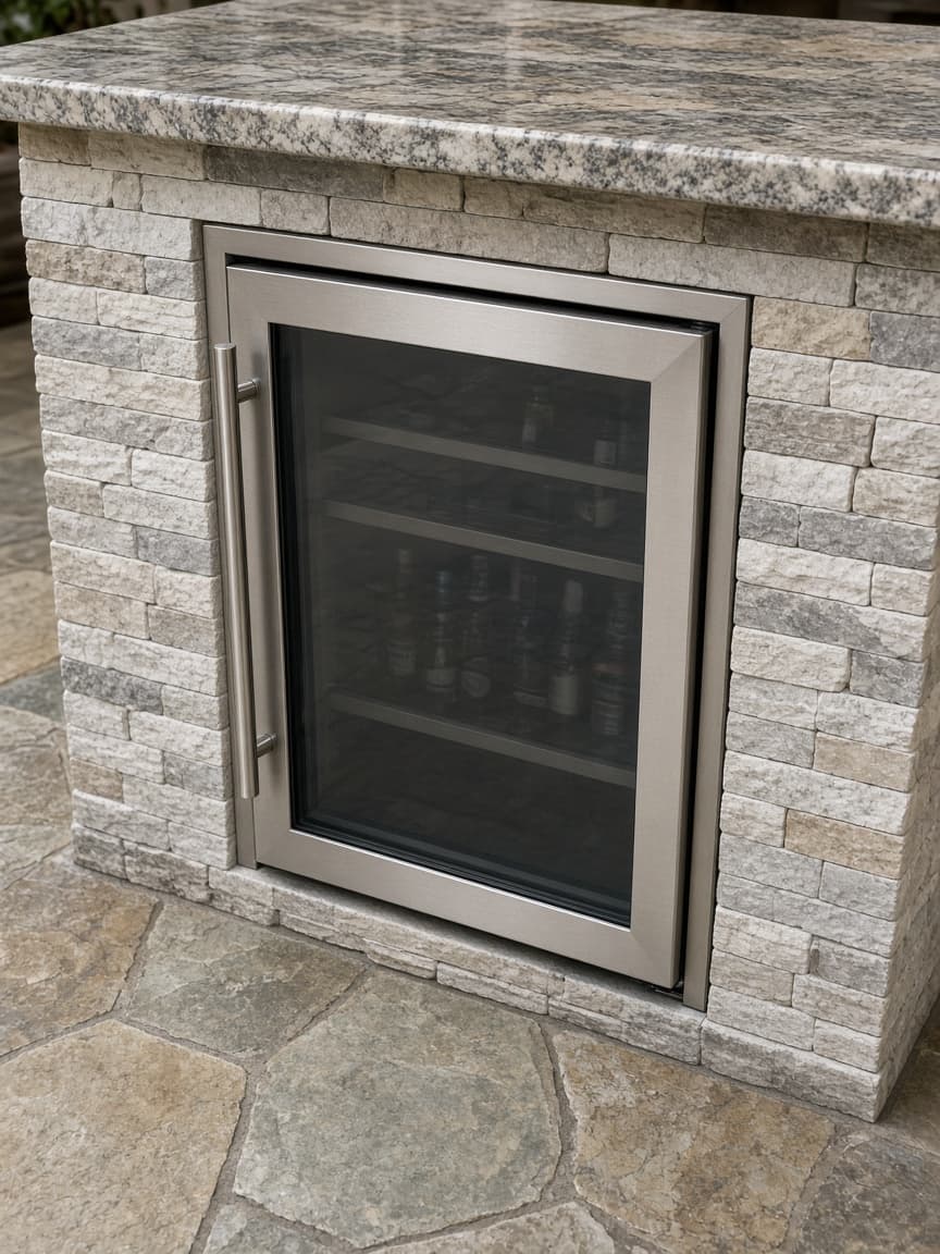 Built-in outdoor beverage cooler in a stone kitchen island