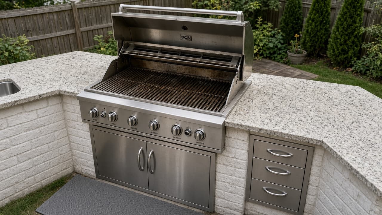 Built-in DCS stainless outdoor gas grill in a backyard kitchen island