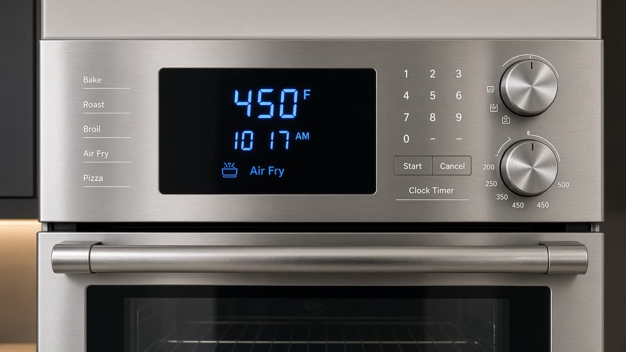 Stainless oven control panel set to Air Fry at 450 degrees