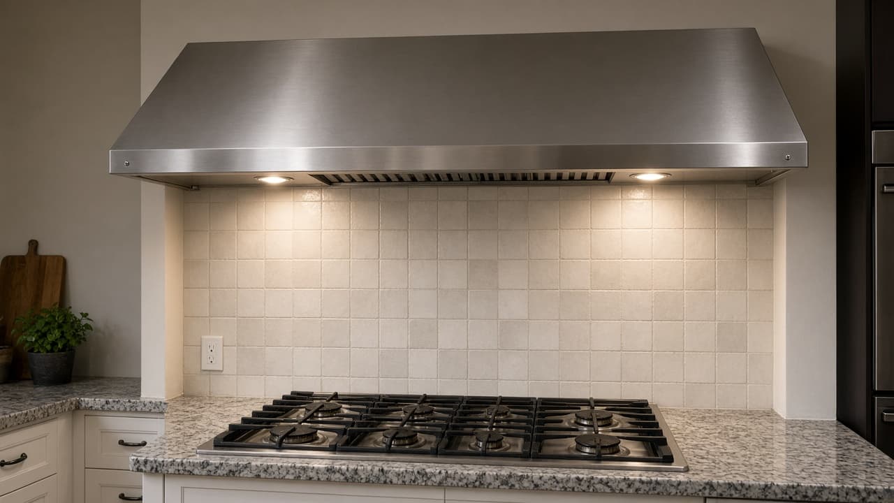Stainless steel range hood over a gas cooktop
